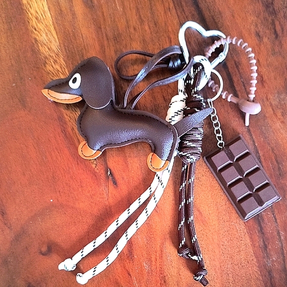 Brown Vegan Leather Dachshund Keychain with Chocolate Charm. New - Picture 1 of 6